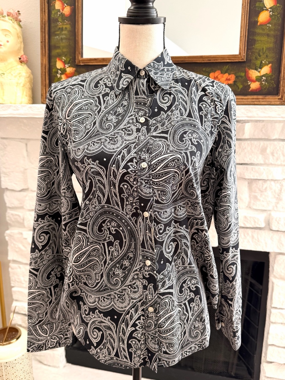 Lauren Ralph Lauren Paisley Button Down Shirt M Black White Cotton